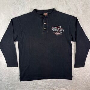 Vtg Harley-Davidson Men's Henley Long Sleeve Shirt Sz M Black 1996 Stratman USA